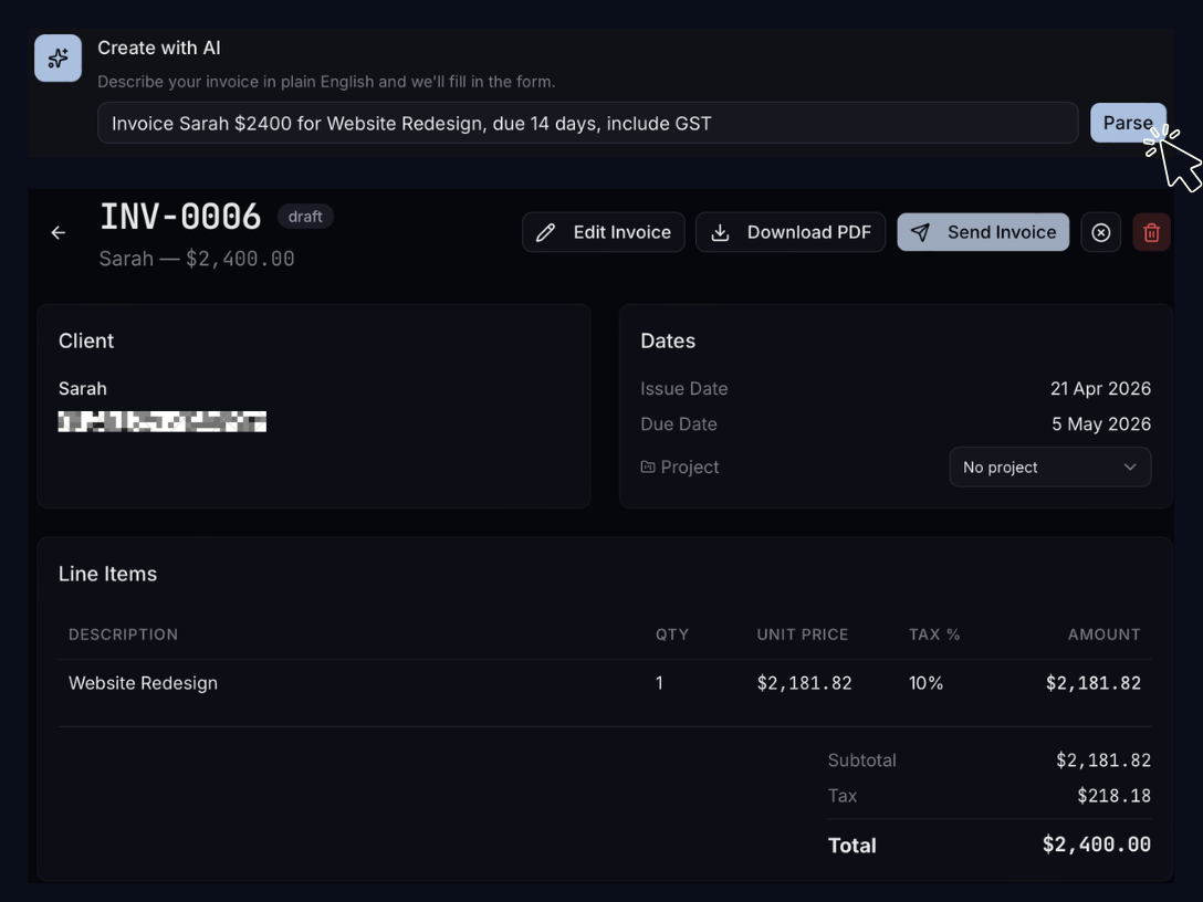 AdminZero — create an invoice with AI in seconds