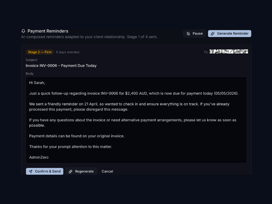 Automated payment reminder email from AdminZero